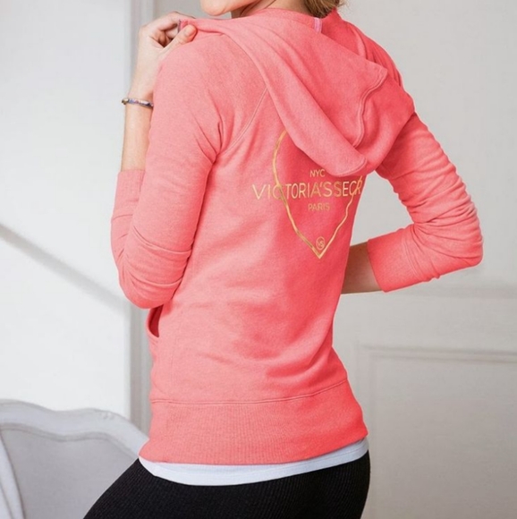 Victoria's Secret Y2K Gold Foil Heart Angel Wing Zip Up Hoodie Sweatshirt Coral - Picture 1 of 16